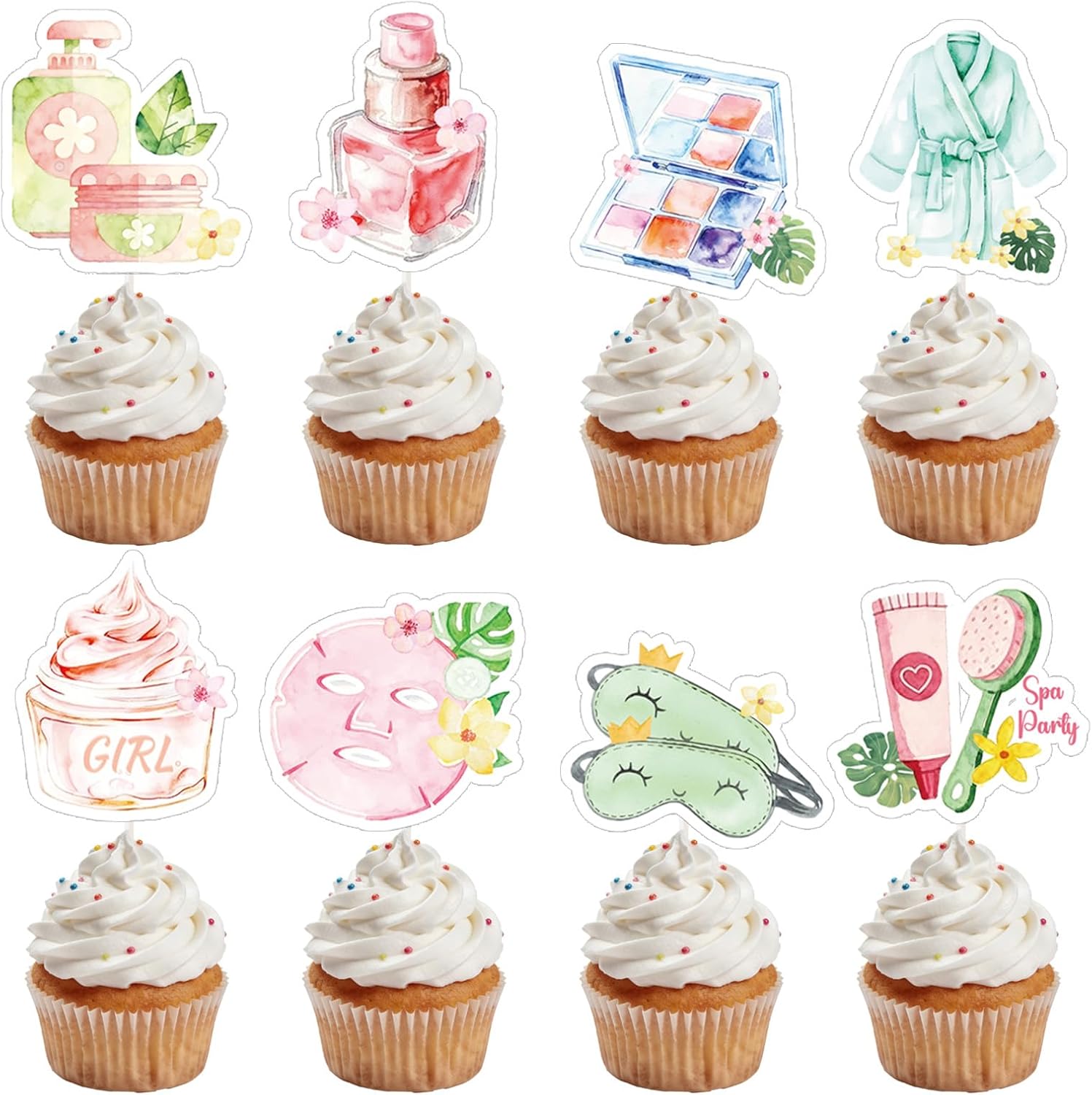 Spa Cupcake Toppers Party Decorations, 48PCS Sleepover Happy Birthday Cupcake Picks Decoration, Slumber Pajama Themed Cupcake Decor for Girls Women Woman