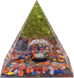 Amogeeli Peridot Crystal Tree of Life Orgone Crystal Pyramid with Glass Sphere, Healing Stone Orgonite Pyramid for Meditation Reiki Yoga Home Decoration
