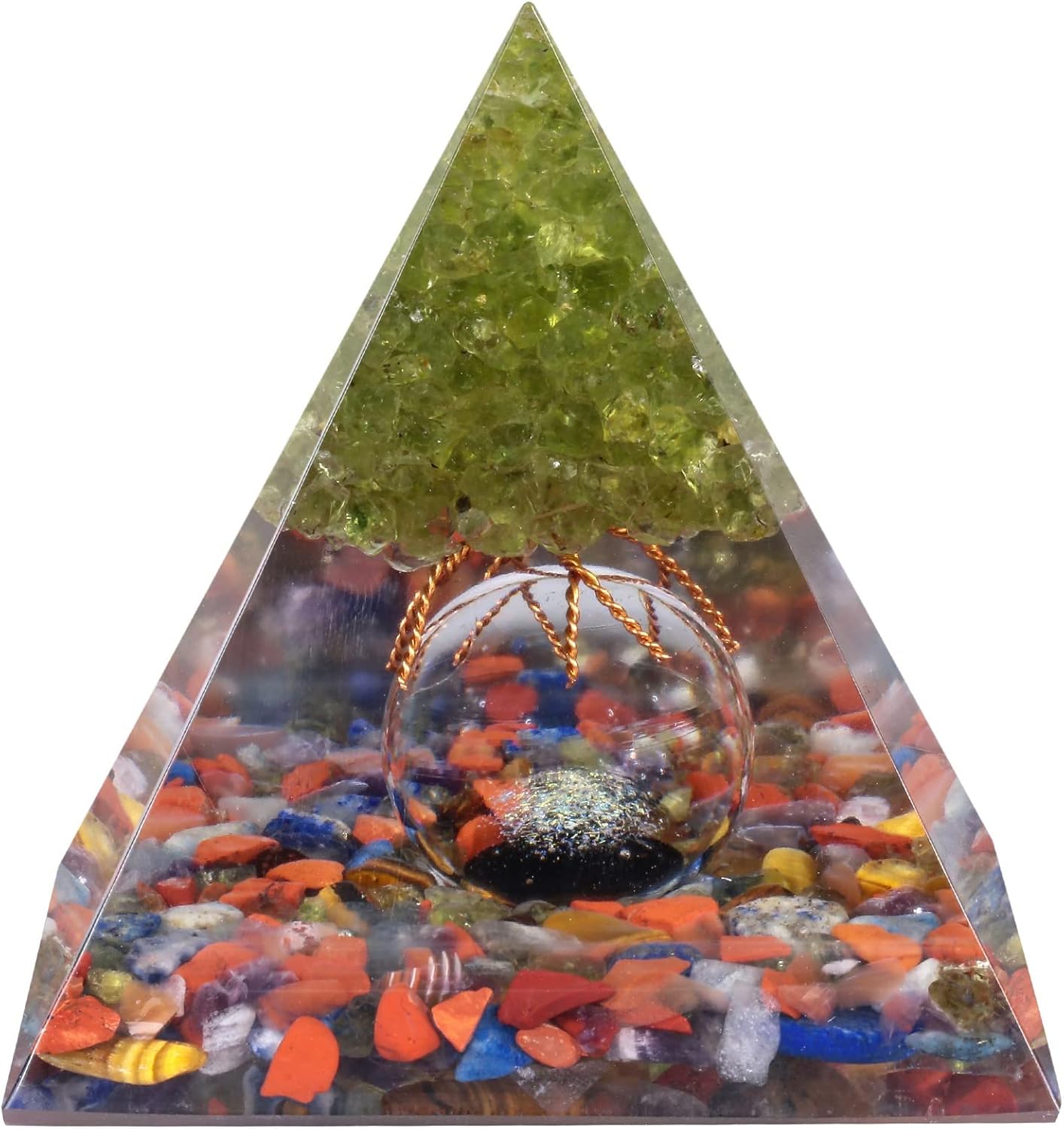 Amogeeli Peridot Crystal Tree of Life Orgone Crystal Pyramid with Glass Sphere, Healing Stone Orgonite Pyramid for Meditation Reiki Yoga Home Decoration