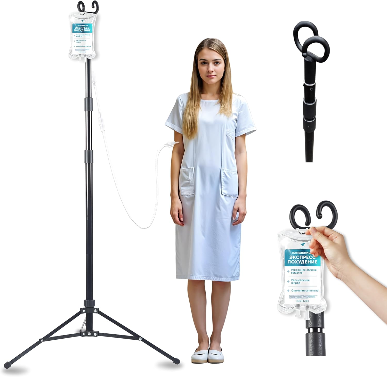 TidyFriend Steel Tripod IV Pole, Portable IV Pole Stand, Adjustable 30 –72 in Height, Collapsible Stand with 2 Hooks & 3 Legs, Lightweight & Travel Friendly, For Home, Hospitals & Clinics (Black)