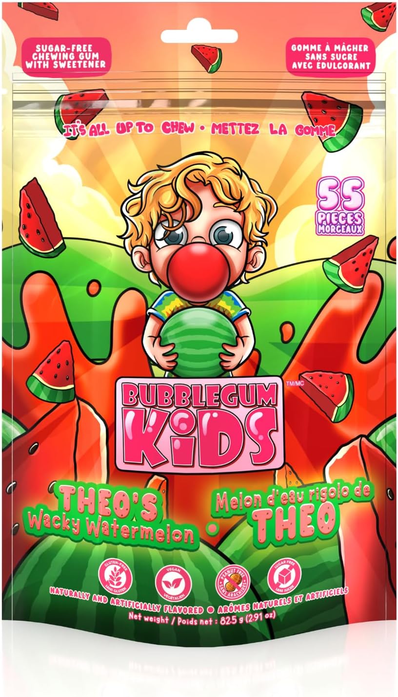Bubblegum Kids Theo’s Wacky Watermelon Sugar Free Gum | Watermelon Flavor, Sugarless Gum with Xylitol | Vegan, Low Calorie Candy for Kids & Adults | Resealable Bag, 55 Pieces Per Pack, 1 Pack