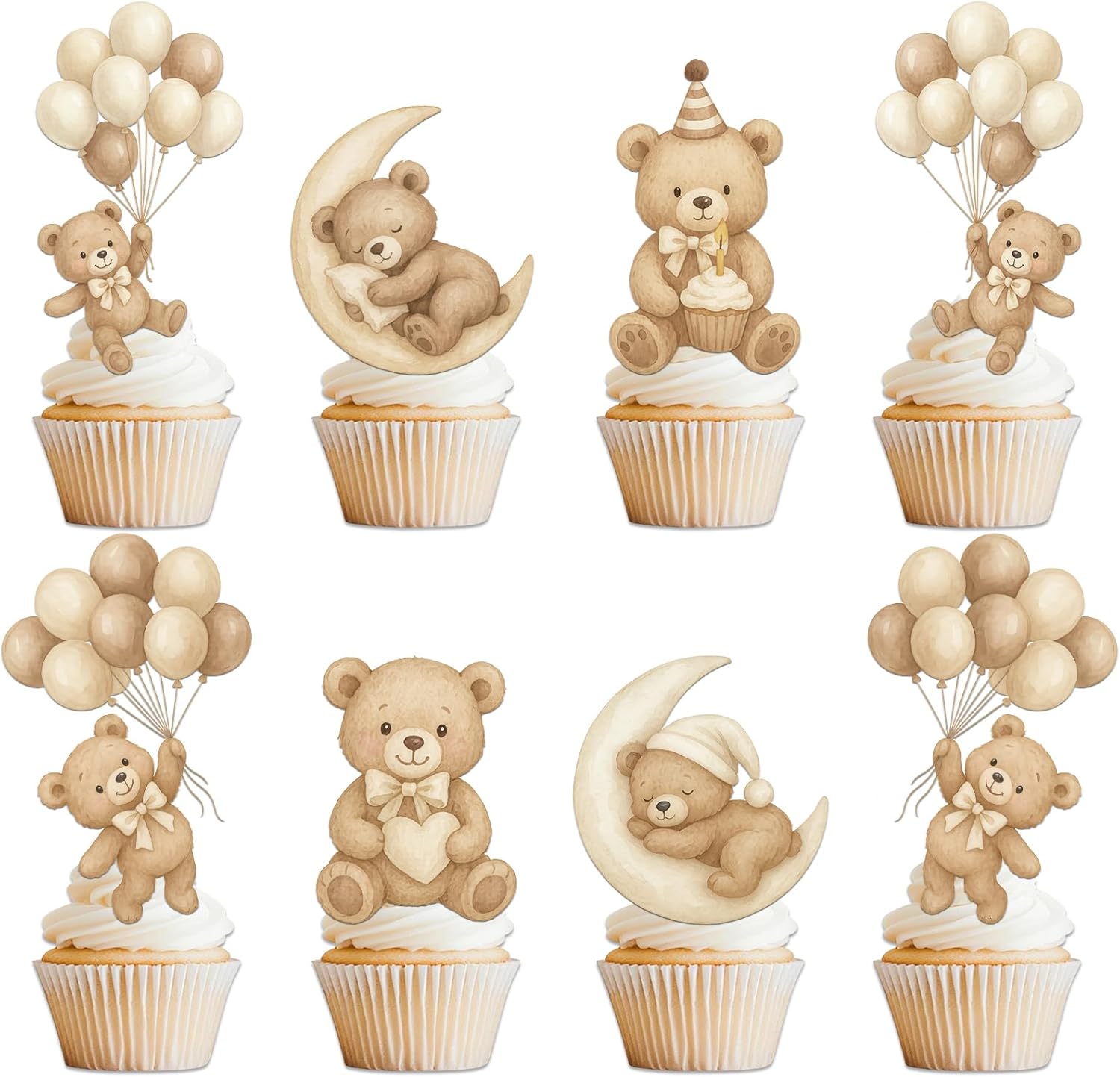 36 Pcs Bear Cupcake Toppers, Brown Bear Baby Shower Decorations, We Can Bearly Wait Cake Topper for Gender Reveal Party Supplies