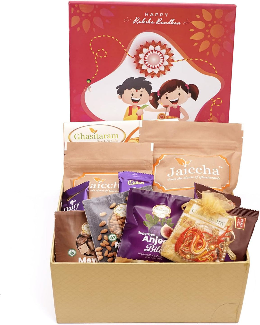 Ghasitaram Gifts Jaiccha Rakhi Gifts for Brothers - Raksha Bandhan Hamper Box with Sweets with besan barfi with 2 Rakhis