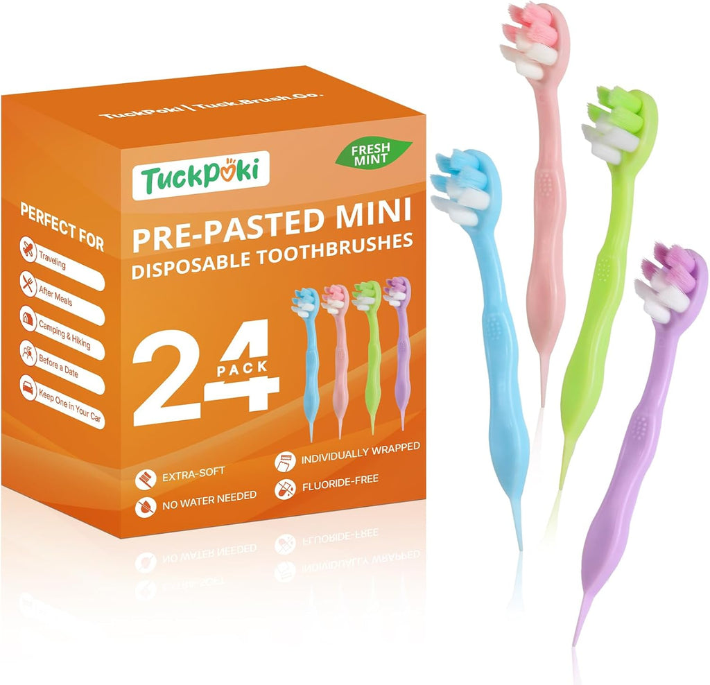 24-Pack Pre-Pasted Mini Travel Toothbrushes, Individually Wrapped Value Pack, Disposable Toothbrushes with Toothpaste, Waterless Single-Use Extra Soft Bristle for Adults, On-The-Go & Braces