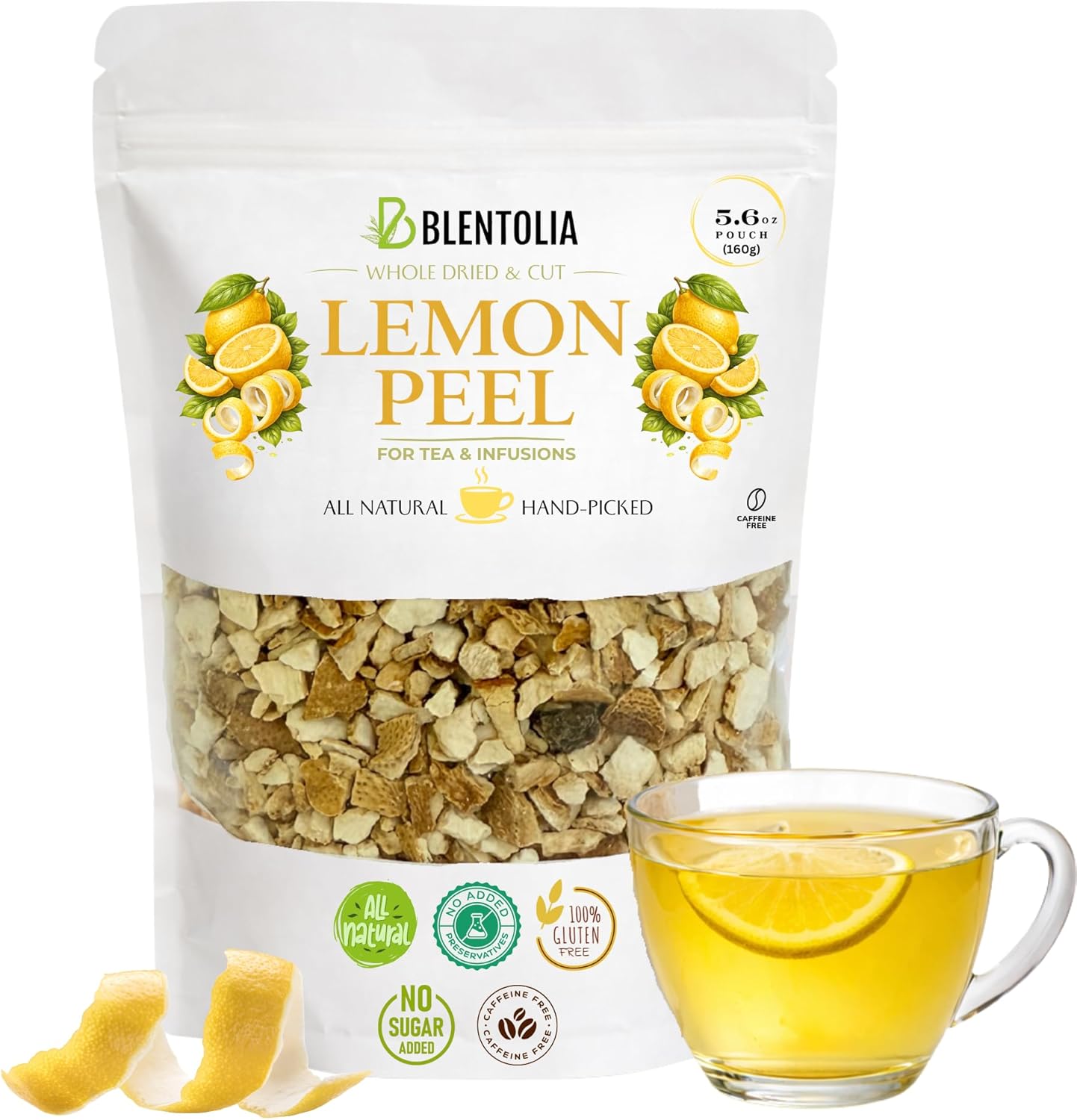 Blentolia Dried Lemon Peel – 100% Natural, Sun-Dried, Zesty Lemon Flavor – Ideal for Herbal Teas, Baking, Cooking & DIY Skincare – 160g Resealable Pouch