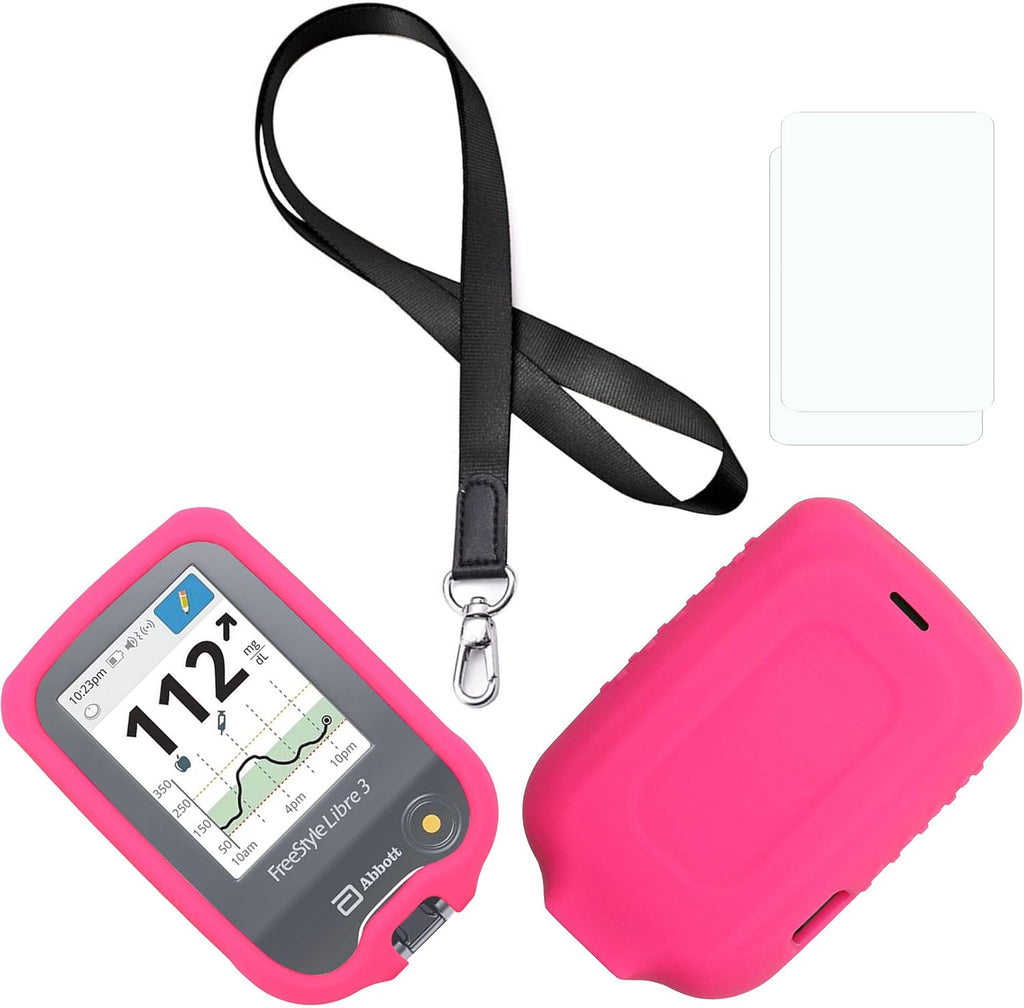 (Pink) Premium Silicone Case (Lanyard + TPU Screen Protector) for Freestyle Libre 3 & Freestyle Libre 2