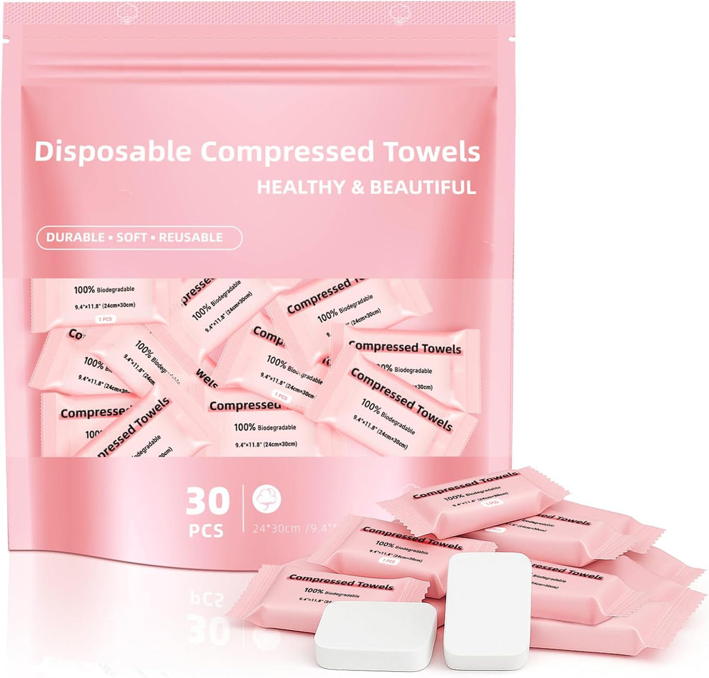 Disposable Compressed Face Towels, Ultra Soft Large Size Compressed Towel Tablets Portable Washcloth Reusable for Travel Camping Hiking Outdoor Sports Beauty Salon (30Pcs)