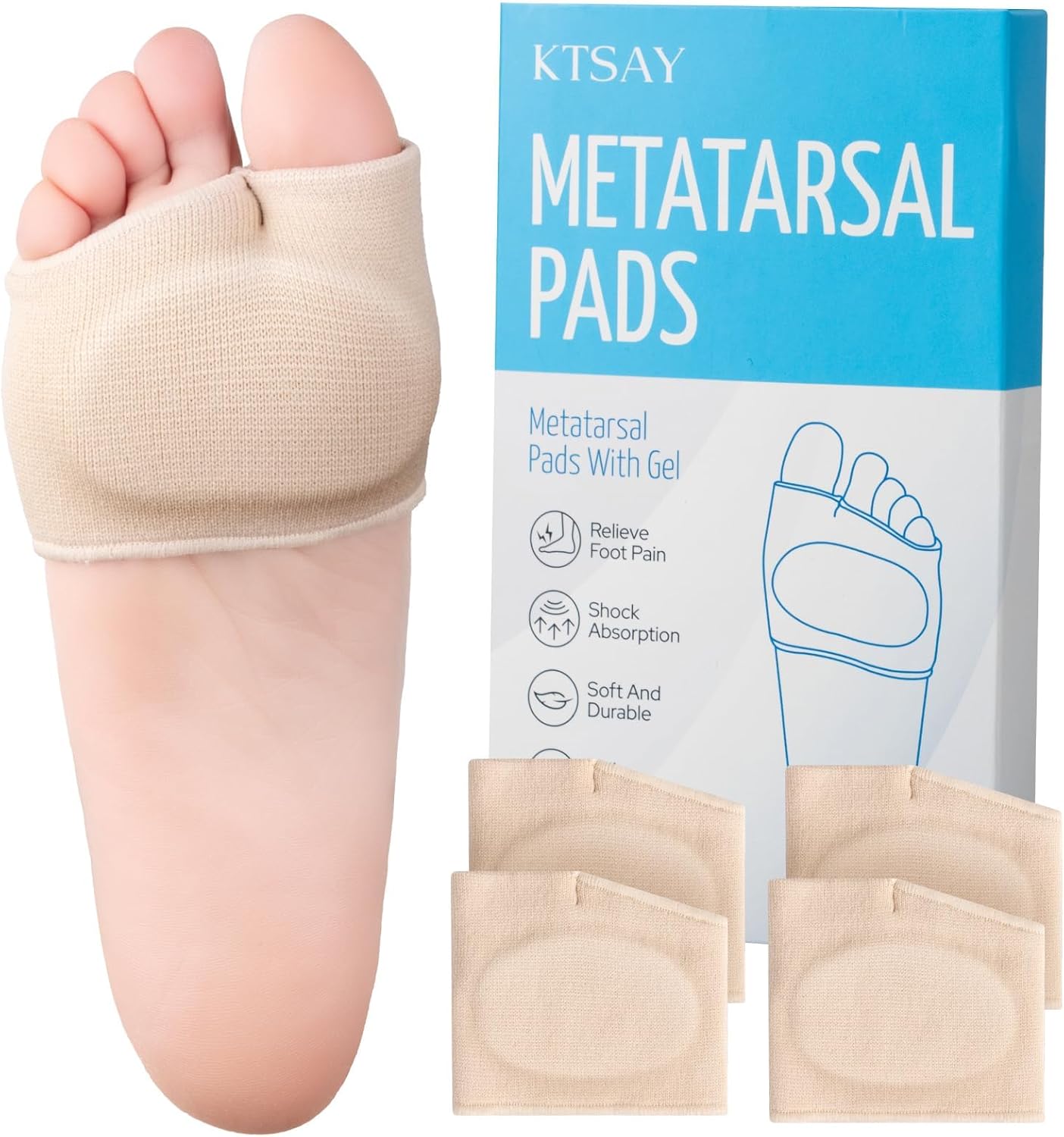 2 Pairs Metatarsal Pads with Gel Pad for Women and Men, Foot Pads for Ball Pain Relief, Morton's Neuroma, Metatarsalgia Support(Beige,Large)