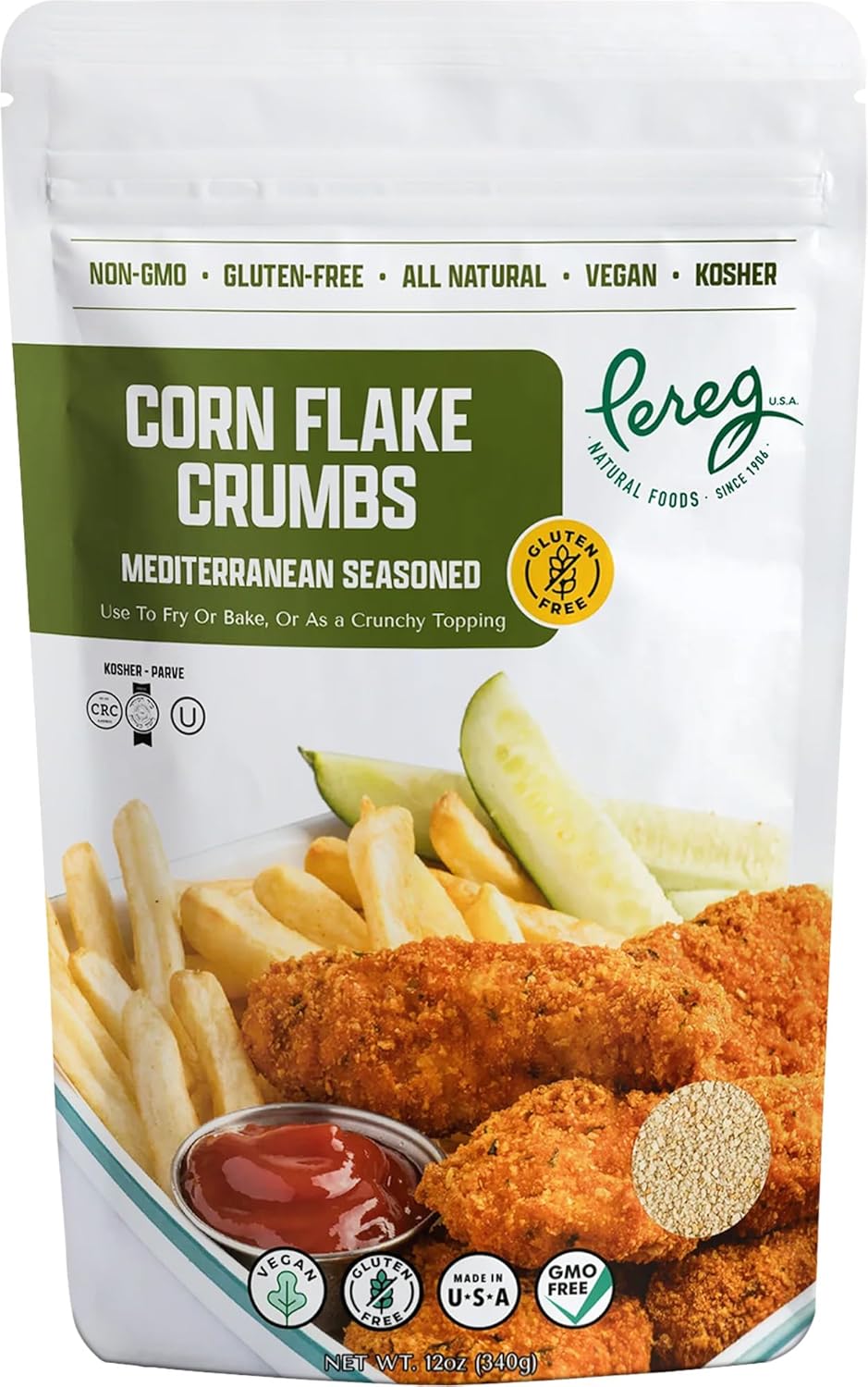 Pereg Seasoned Gluten Free Cornflake Crumbs, 12 oz | Crispy Breadcrumbs for Coating & Stuffing | Coat Shnitzel, Burgers, Vegetables | Kosher | Resealable Bag