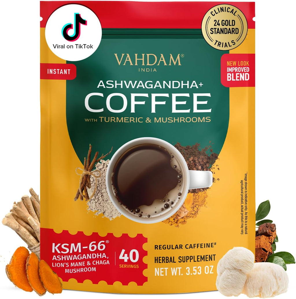 VAHDAM Ashwagandha Coffee with Turmeric, Lion’s Mane & Chaga Mushroom | Clinically Proven KSM 66 Ashwagandha & Pure Arabica Coffee