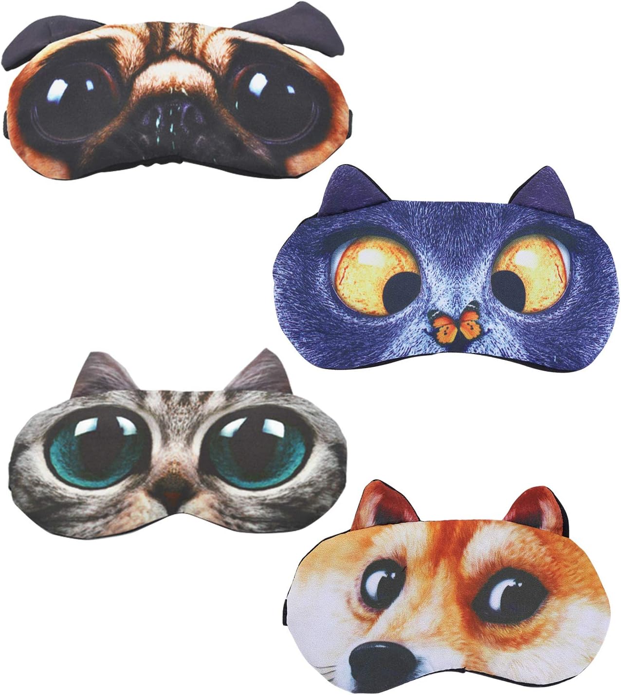 HYCLES 4 Pack Cartoon Animal Cute Sleep Eye Mask with Adjustable Strap Relaxed Sleeping Blackout Cat Dog Eye Cover Eyeshade for Kids Men Women Travel Rest/Blindfold Game