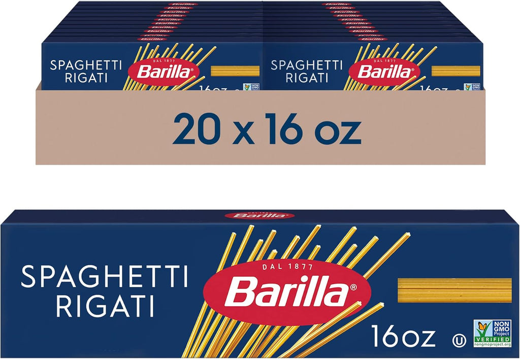 Barilla Spaghetti Rigati Pasta, 16 oz. Box (Pack of 20) - Non-GMO, Made with Durum Wheat Semolina - Kosher Certified