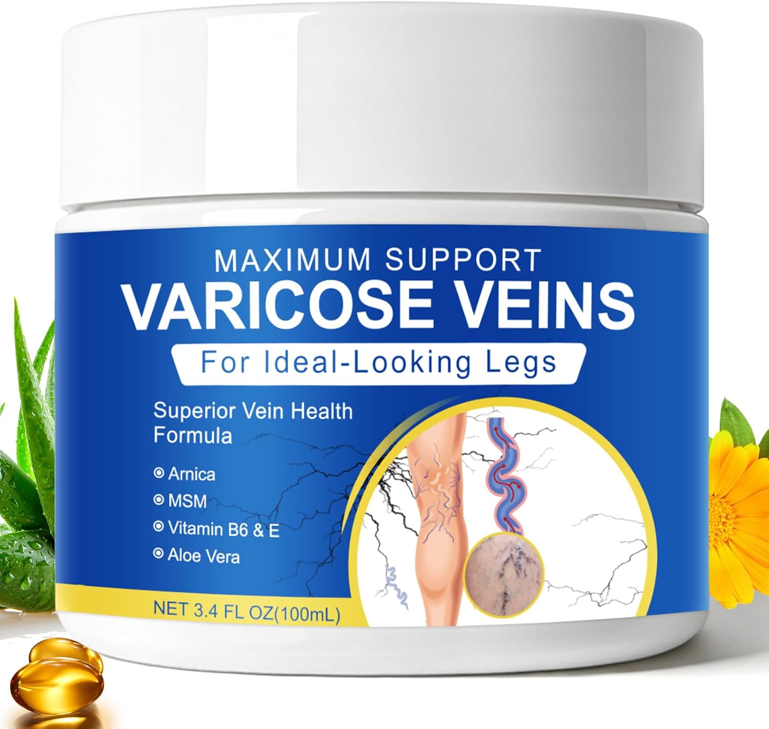 Varicose Veins Treatment for Legs, 3.4 Oz, Varicose Veins Cream for Spider Veins, Soothing Leg Cream Formula to Reduce Spider Veins, Improve Blood Circulation & Smooth Skin, Natural Formula