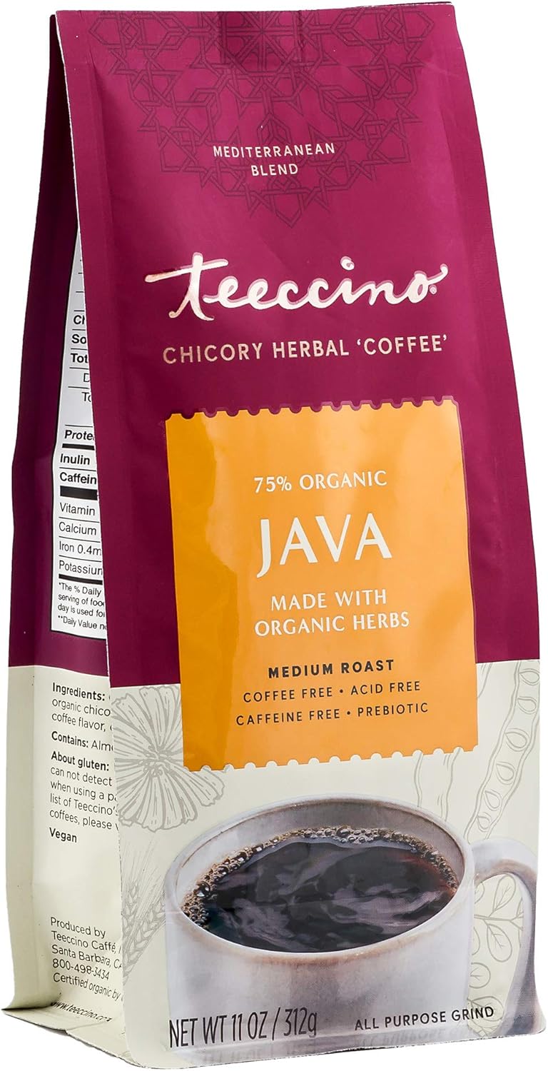 Teeccino Java Chicory Coffee Alternative - 11 Ounce - Ground Herbal Coffee That’s Prebiotic, Caffeine Free & Acid Free, Medium Roast