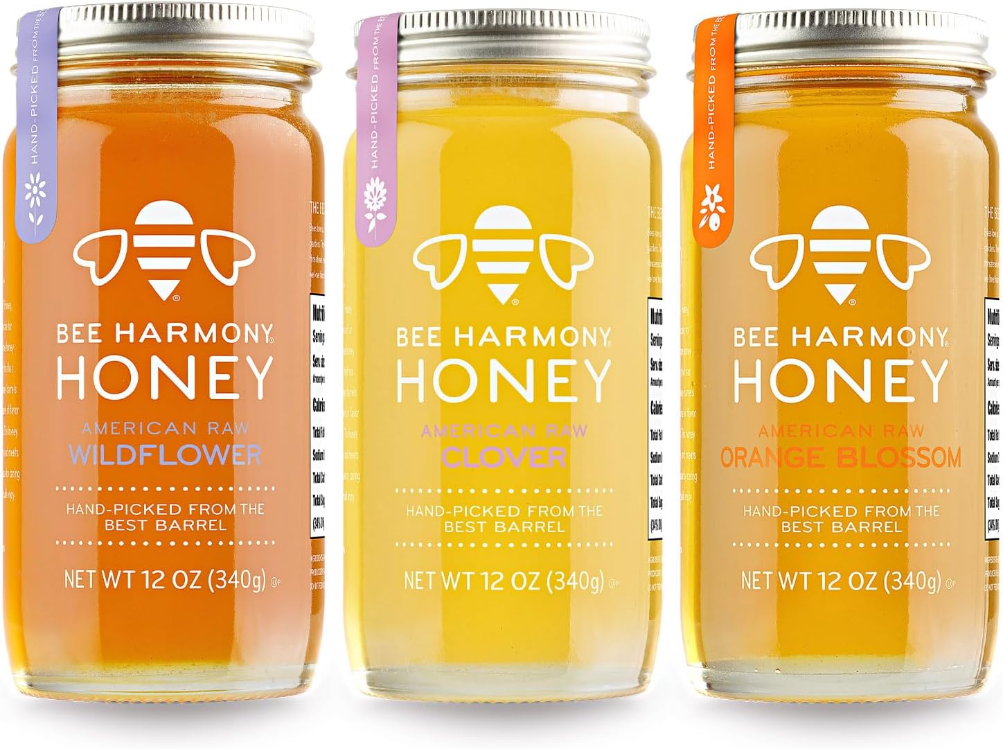 Bee Harmony Honey 3 Pack Variety Pack, 36 Ounce (Clover, Wildflower and Orange Blossom)