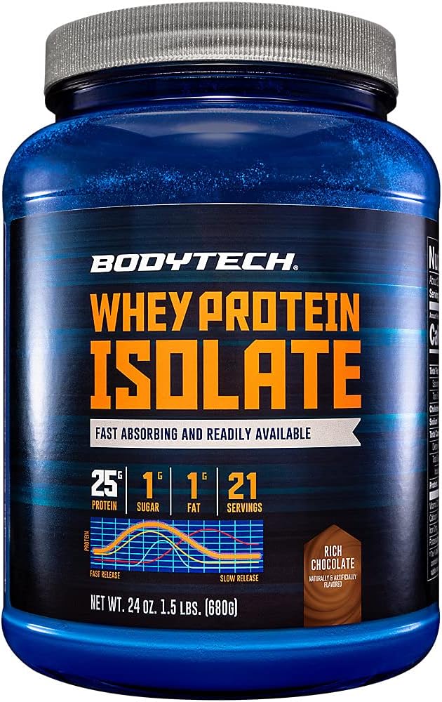 BodyTech Whey Protein Isolate Powder - 25g Protein per Serving with BCAAs - Fast-Absorbing for Muscle Growth & Recovery - Rich Chocolate (1.5 lb, 21 Servings)
