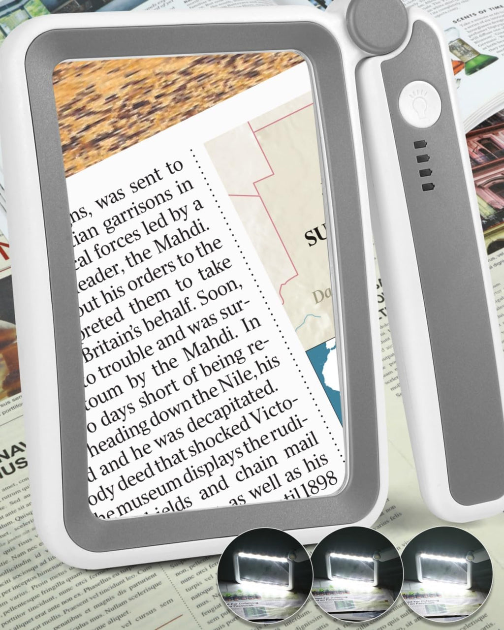 AKKYCVS Magnifying Glass with Light, Rechargeable 5X Large Page Magnifier for Reading, Folding Handheld Dimmable, LED Lighted Rectangle Magnifier for Reading Book Small Print for Seniors Low Vision
