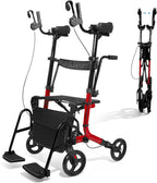 Upright Walkers for Seniors 450 lbs Capacity, 22 lbs Foldable Lightweight Walkers for Seniors with Seat, Armrest and Pedal, Height Adjustable Rollator Walker with Seat for Travel & Gift (Red)