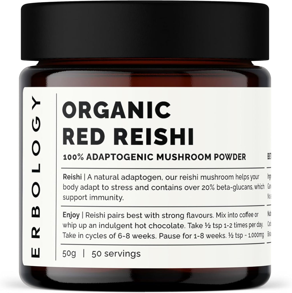 Erbology Organic Reishi Mushroom Powder 50 Servings - 21% Beta-glucans - Immunity Support - Ganoderma Lucidum - Small Batch - Sustainably Grown in Europe - Vegan - Non-GMO - No Added Fillers