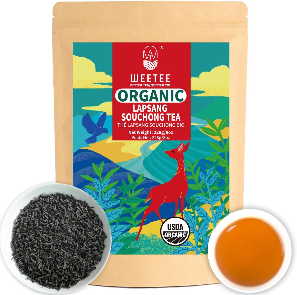 WT WEETEE Organic Lapsang Souchong Tea Loose Leaf, Organic Smoky Black Tea 8 Ounces, Natural Caffeine & Antioxidant, Traditional Chinese Tea