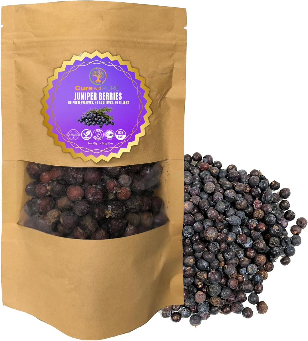 Cure wid Pure Dried Juniper Berries 4oz | Wild Harvested, Non-GMO Additives & Preservative-Free Organic Juniper Berries Whole in Eco-Friendly Resealable Bag |Elevate Meats, Soups, Teas & More