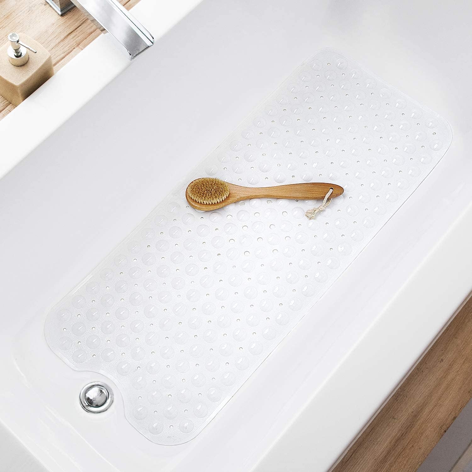 Bath Tub and Shower Mats, Non-Slip 39 x 16 Inch Extra Long Bathtub Mat, Machine Washable BathMat with Drain Holes, Suction Cups for Bathroom (Opaque White)
