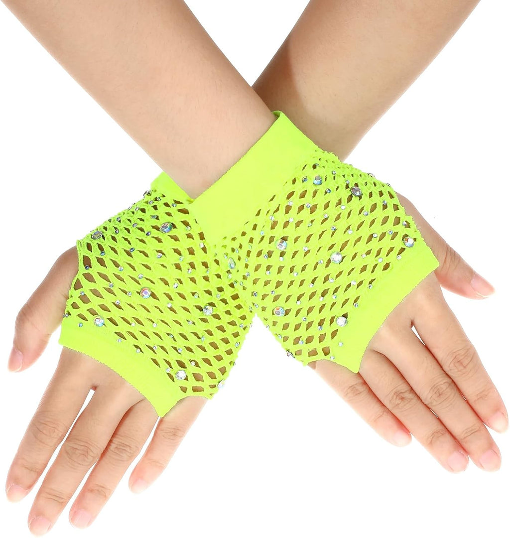 Lusofie Rhinestone Fishnet Gloves for Women Girls Short Mesh Fingerless Gloves for 80s Party Cosplay Halloween Costumes