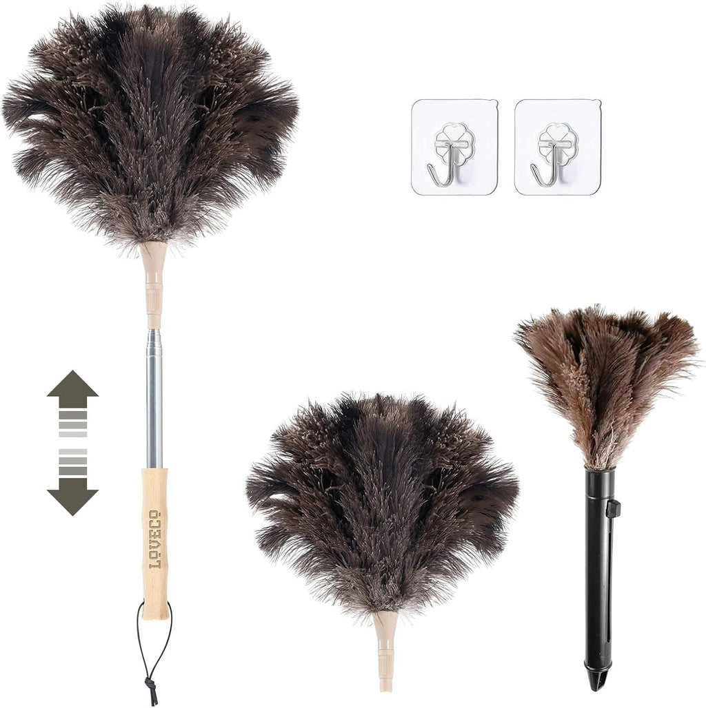 Ostrich Feather Dusters for Cleaning Kit - Reusable Soft Feather Duster Extendable to 49 inches for Cleaning Ceiling Fan, High Ceiling, Blinds & Retractable Small Duster for Keyboard, Car