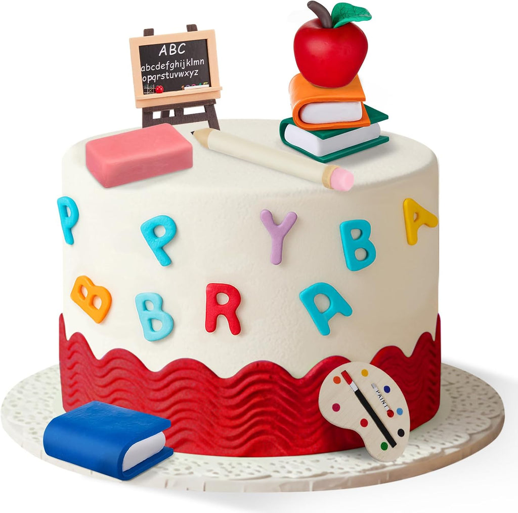 Soulchen 10 Pcs School Cake Decorations Apple Easel Book Pencil Stationery Welcome Party Favor for Classroom Themed Party Supplies