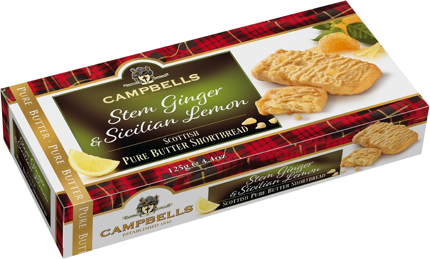 Campbells Shortbread with Stem Ginger & Sicilian Lemon 4.41 Oz (125g) - Pure Butter Scottish Shortbread Cookies from Scotland, Ginger Lemon Cookies, Gourmet British Tea Biscuits & Gift Box