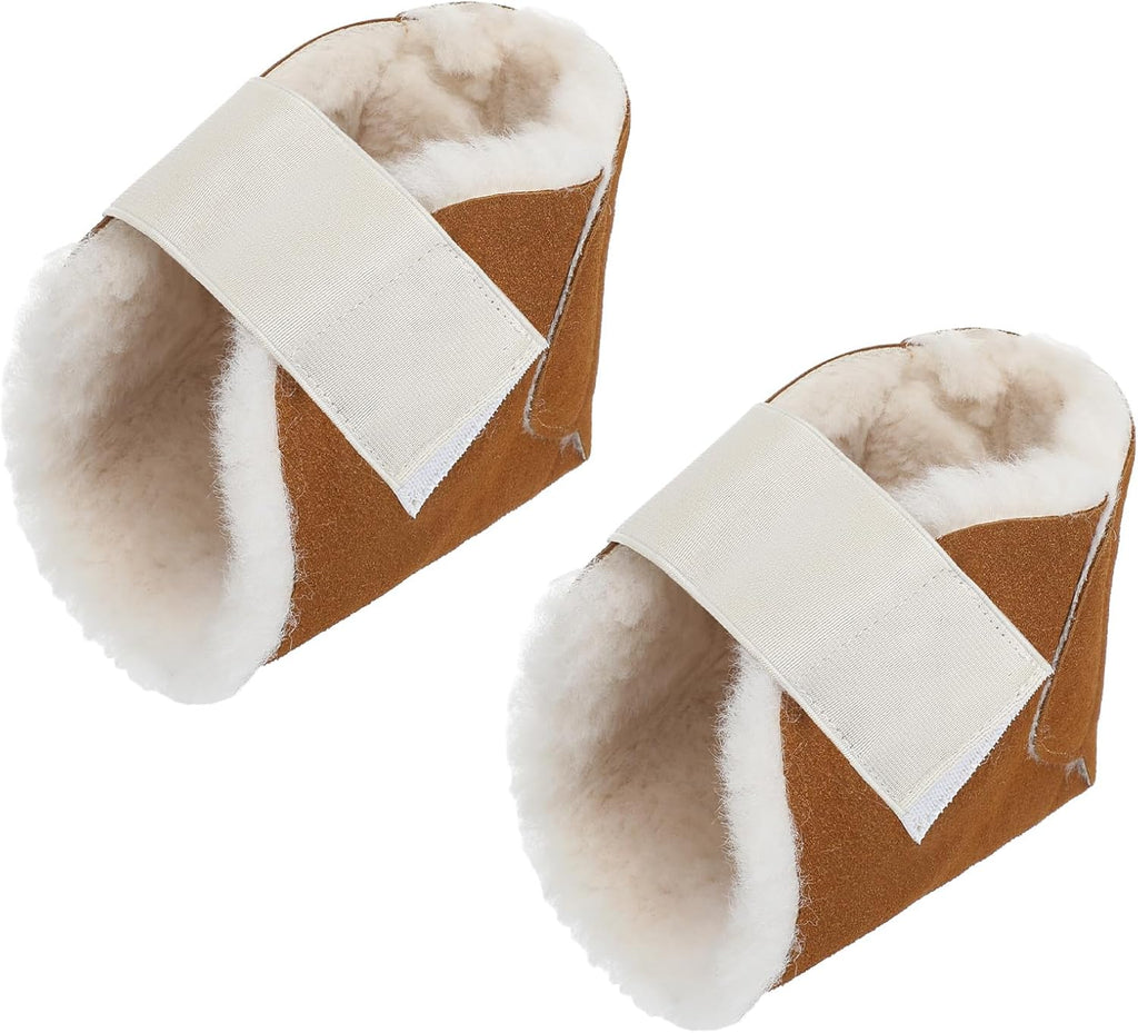 2 Pcs Heel Protectors for Pressure Sores Sheepskin Heel Pads Soft Foot Cushions Pad Protectors Adjustable Foot Pillows with Securing Strap for Bed Sore Ankle Ulcers (Brown)