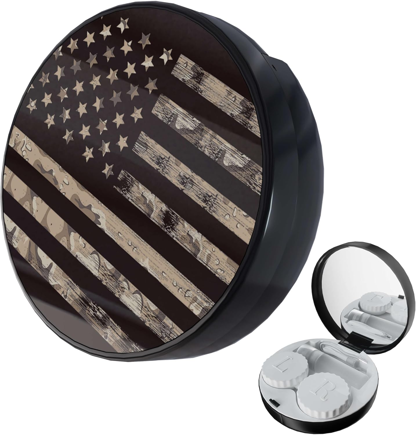 LRITER Contact Lens Case, Portable with Mirror, a Variety of Patterns and Shapes to Choose from, Auitable for Daily Makeup Office Travel Outdoor Use (American Flag)