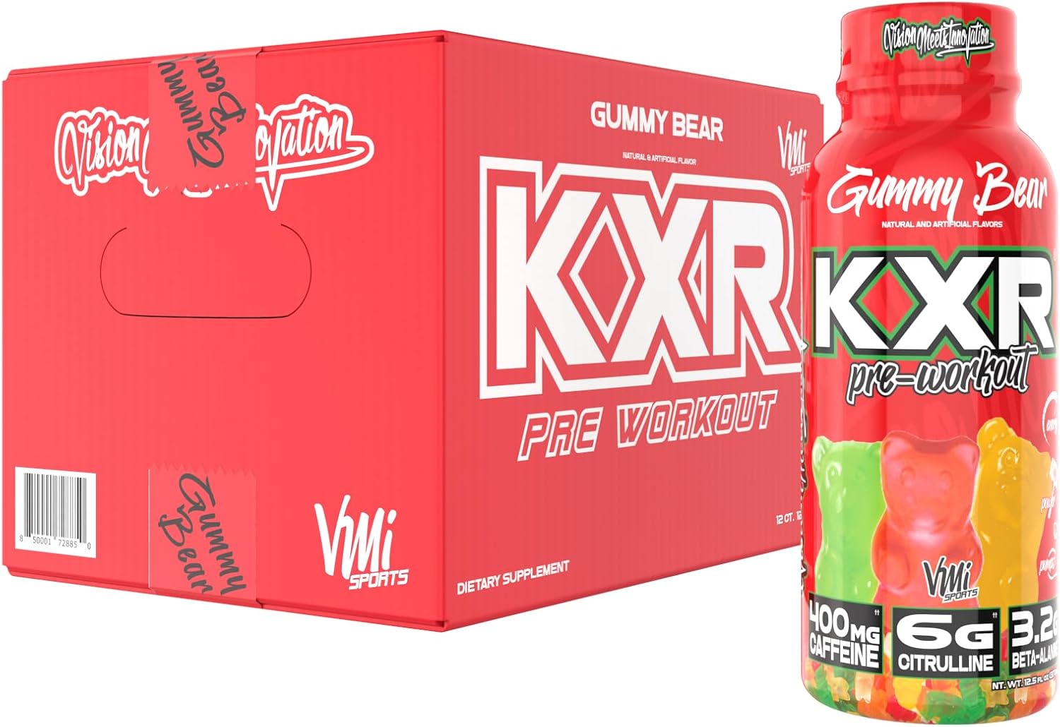 VMI Sports KXR High Stimulant Pre-Workout Energy Ready to Drink 400mg Caffeine, 6g Citrulline, 3.2g Beta-Alanine | Delicious – Convenient – Powerful | 12.5 oz Bottles (Gummy Bear, 12 Bottles)