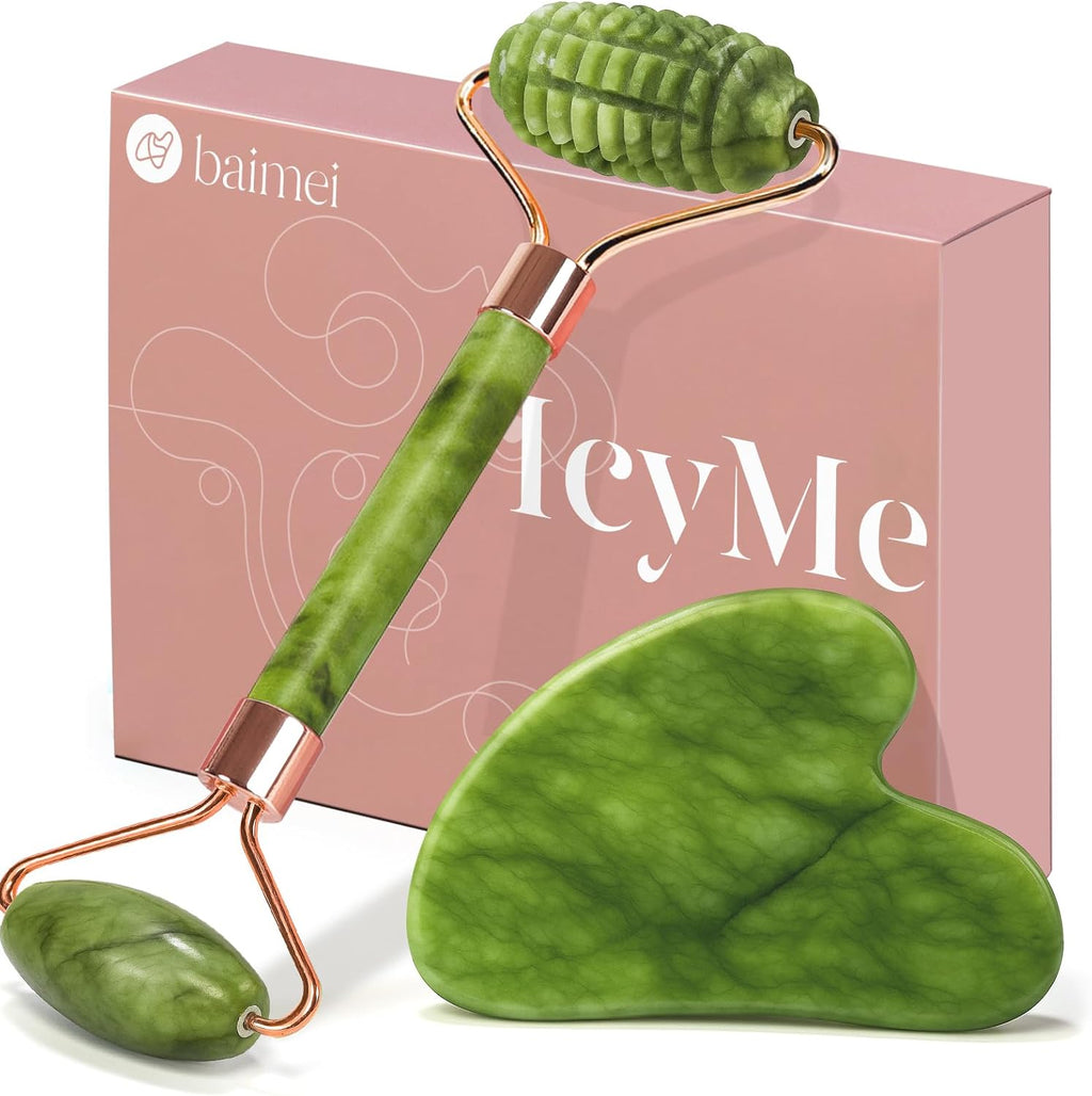 BAIMEI IcyMe Gua Sha and Jade Roller for Face, Natural Jade Face Roller with Ridge Design for Reducing Puffiness & Skin Firming,Facial Sculpting Tool, Self Care Gift for Women Men