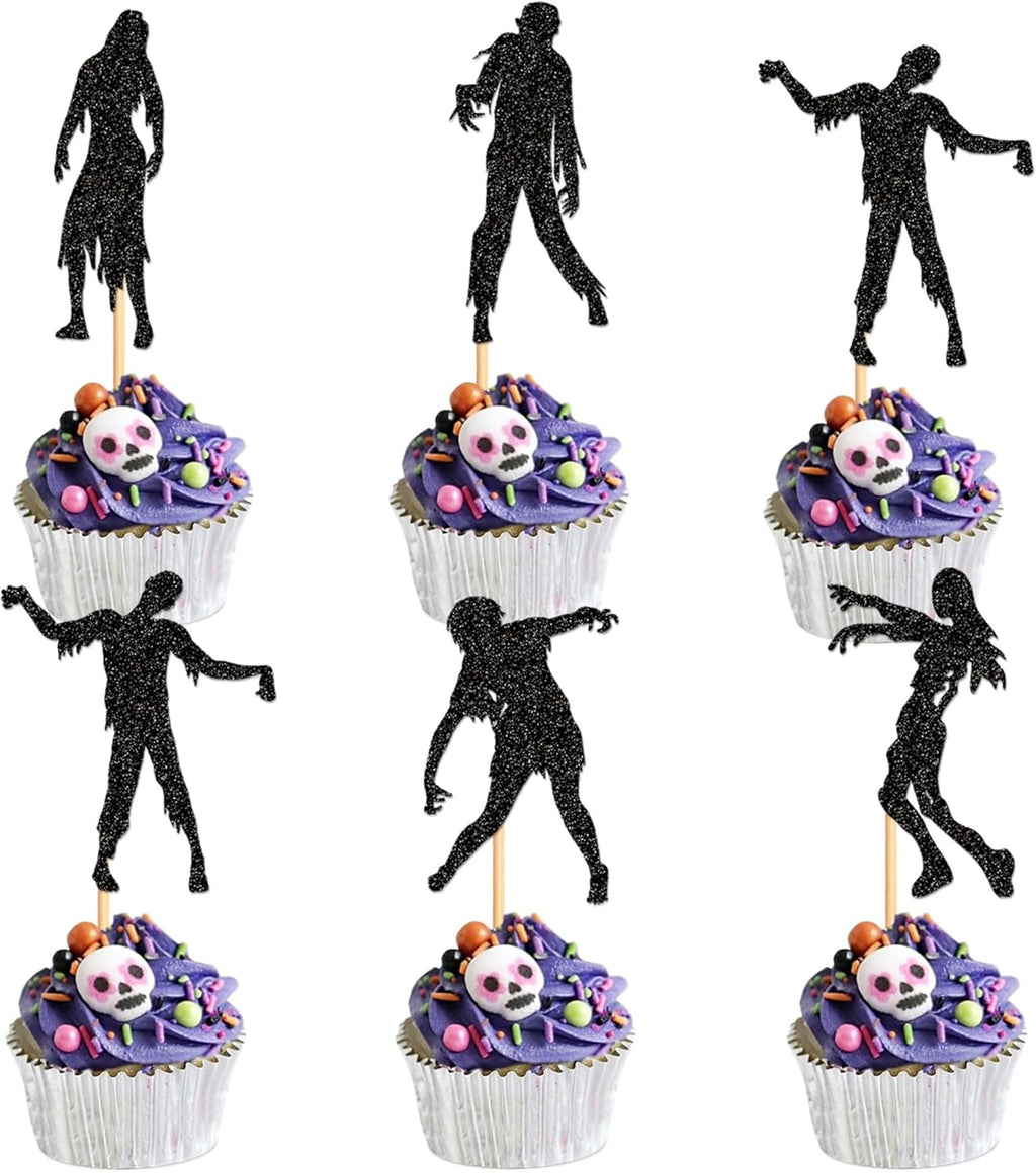 Ercadio 25PCS Halloween Zombie Cupcake Topper Black Glitter Fantasy Horror Theme Decor Picks for Halloween Theme Birthday Party Cake Decorations Supplies