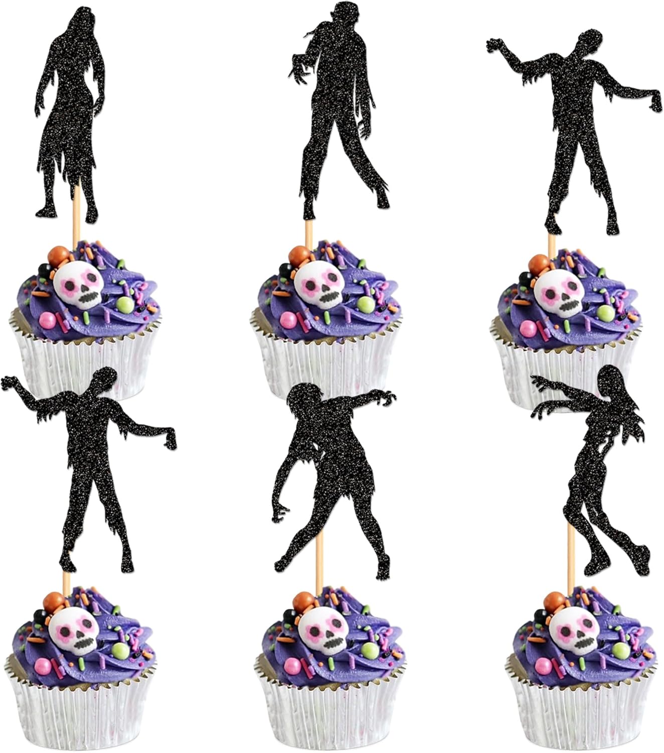 Ercadio 25PCS Halloween Zombie Cupcake Topper Black Glitter Fantasy Horror Theme Decor Picks for Halloween Theme Birthday Party Cake Decorations Supplies