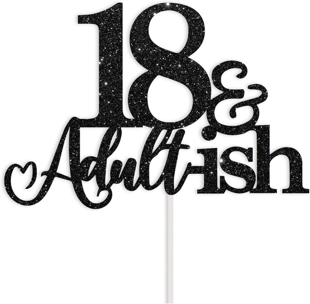18th Birthday Cake Topper Black Glitter Happy 18th Bday Cake Topper 18 Cake Topper and Adultish for 18 Birthday Decorations 18th Birthday Decor 18 Bday Decorations for Girls Boys