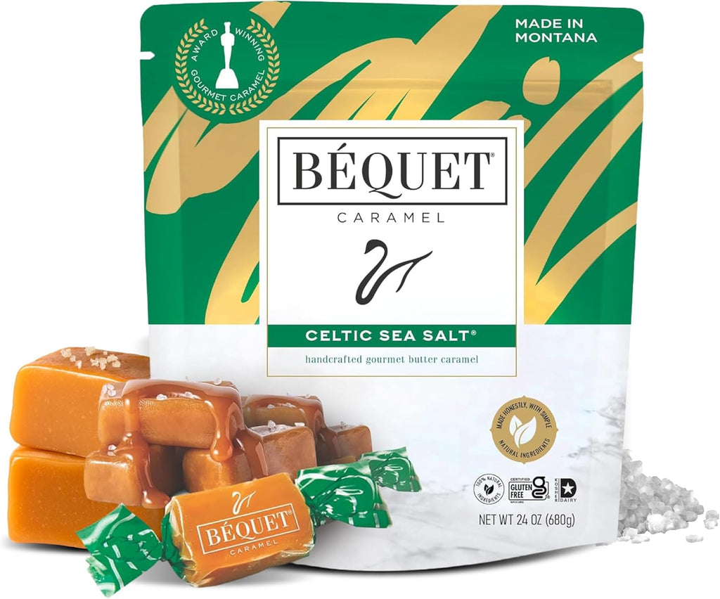Béquet Celtic Sea Salt Caramels – Soft, Individually Wrapped Gourmet Caramel Candy, Gluten‑Free & Kosher – 24 oz Resealable Pouch