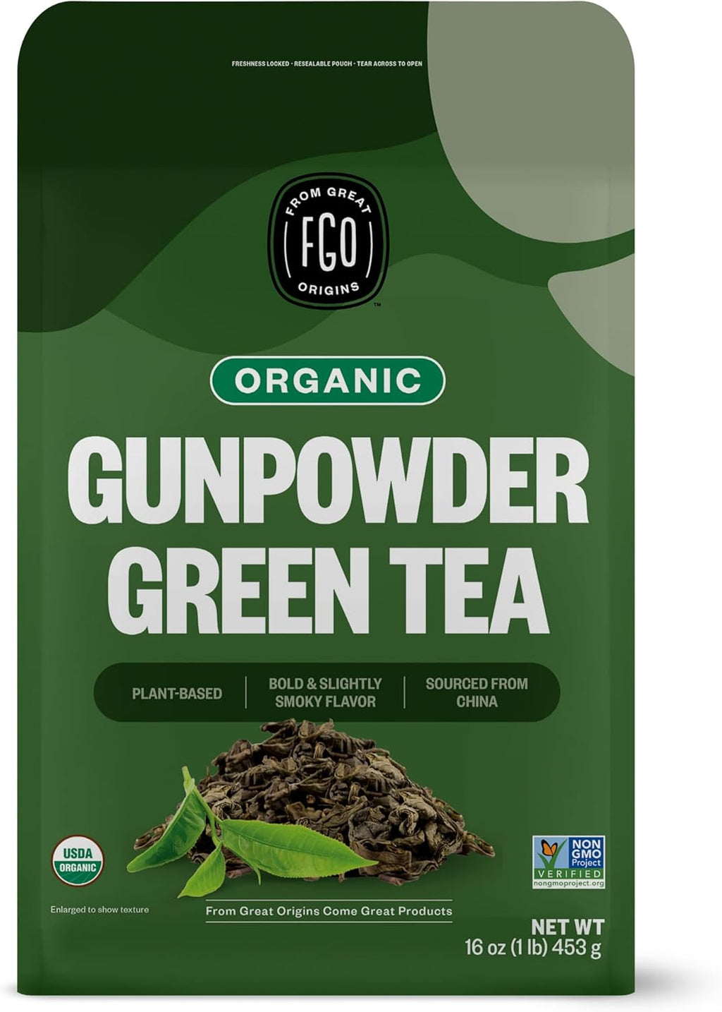 FGO Organic Gunpowder Green Tea, Loose Leaf, 16oz Bulk Resealable Bag, Packaging May Vary (Pack of 1)