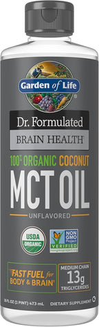 Garden of Life Dr. Formulated Brain Health 100% Organic Coconut MCT Oil 16 fl oz Unflavored, 13g MCTs, Body & Brain Fuel, Certified Non-GMO Vegan & Gluten Free, Hexane-Free