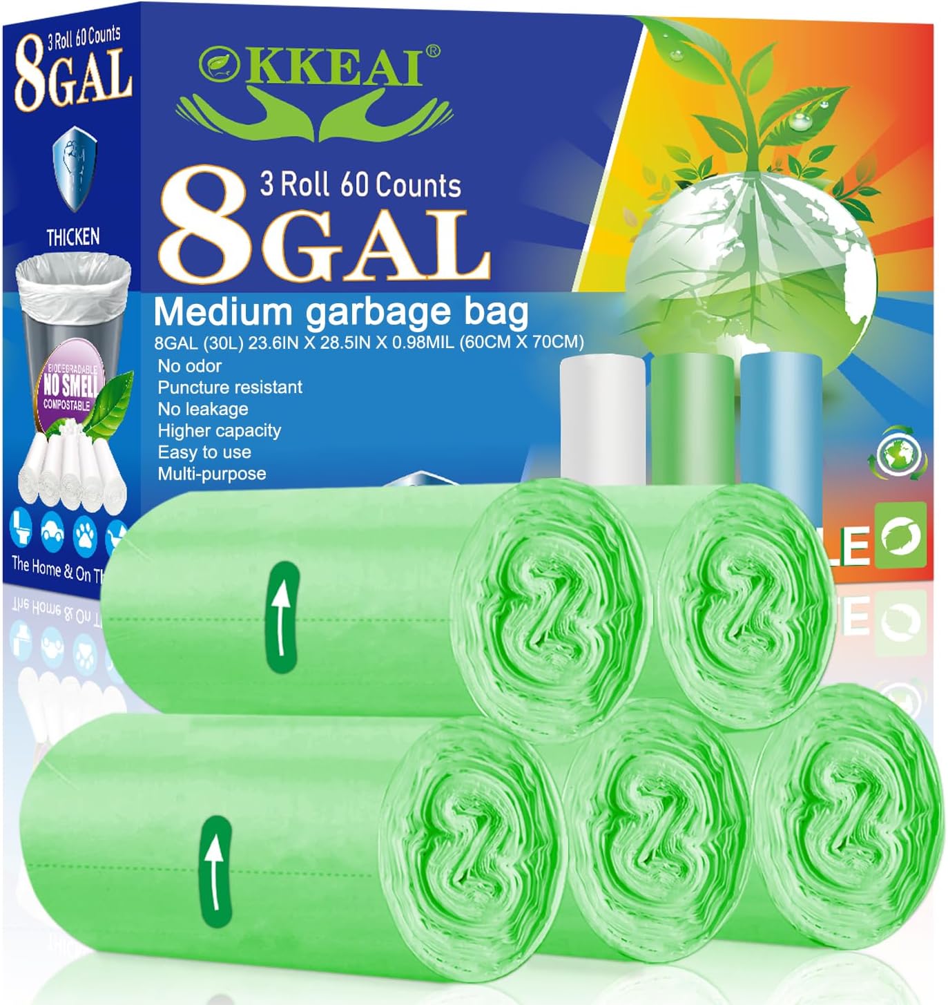 OKKEAI 30L Trash Bags 8 Gallon Medium Garbage Bags Thicker 0.98 MIL Trash Can Liners Bags Wastebasket Liners for Kitchen,Office, Lawn,Garden, Patio,60 Count (Fits 7 8 9 10 Gallon Bins)