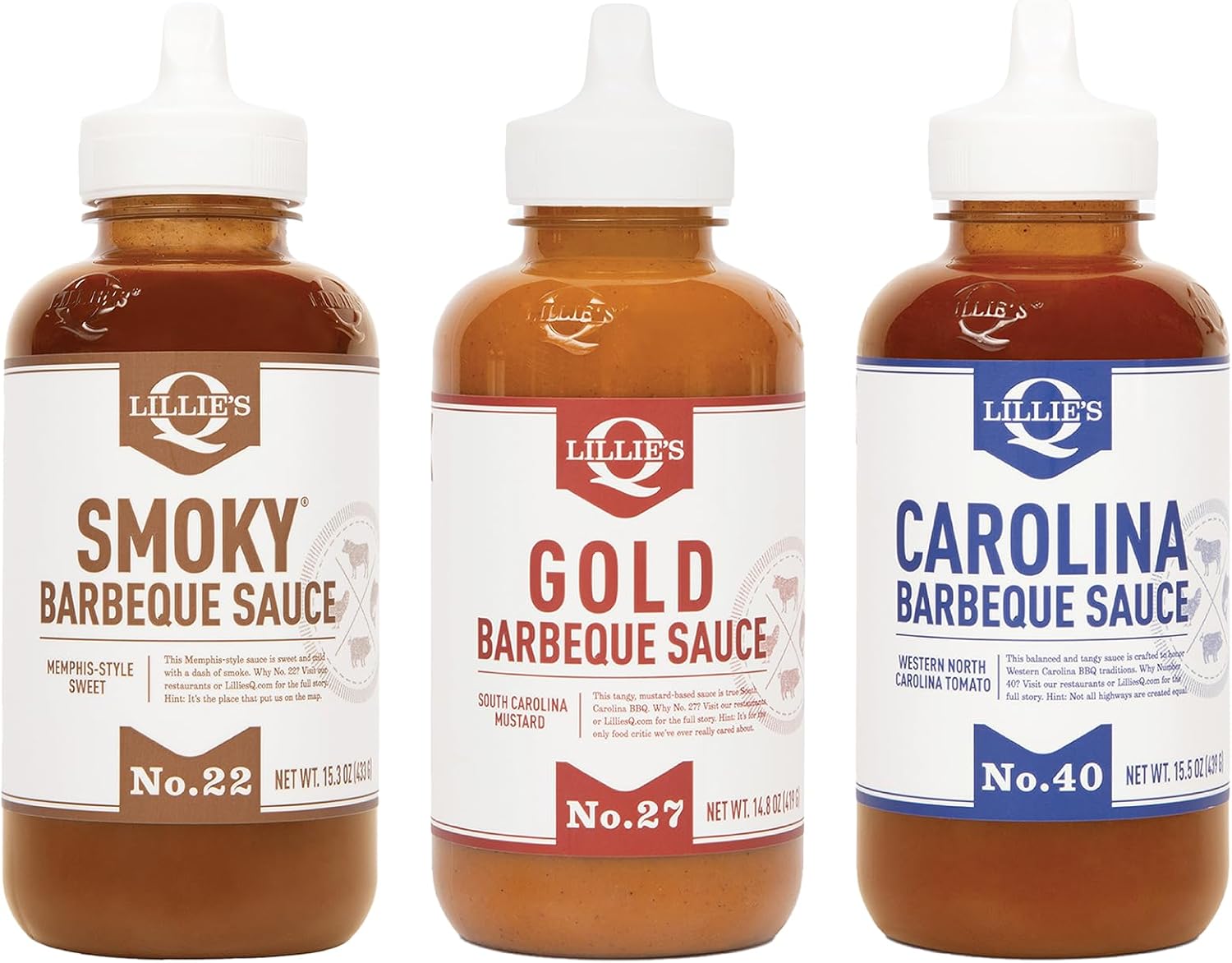 Lillie's Q - Smoky (15.3oz), Gold (14.8oz) & Carolina BBQ (15.5oz) Sauce Combo, Gluten-Free, Non-GMO, No Preservatives, Gourmet Mustard, Sweet & Vinegar Based BBQ (3-pack)