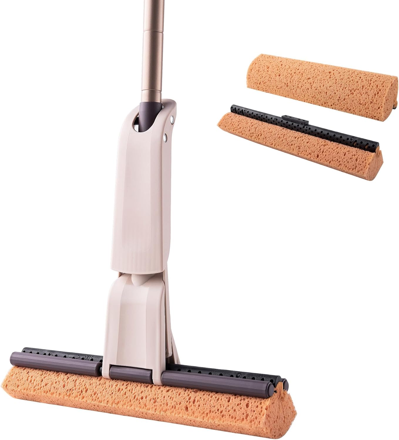 Eyliden Sponge Mop, Easy Squeeze Wringing Mop with 2 Reusable Heads, Absorbent Honeycomb Sponge for Home and Commercial Use, Hardwood Laminate Tile Marble Ceramic Floors Cleaning