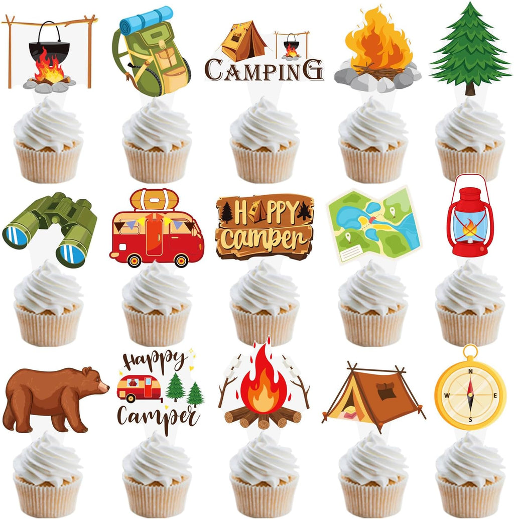 Camping Cupcake Toppers 48 Pieces Happy Camper Birthday Party Decorations Outdoor Adventure Theme Party Decorations Bear Tent Bonfire Guitar Cake Picks for Woodland Tree Birthday Baby Shower Supplies