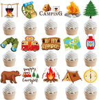 Camping Cupcake Toppers 48 Pieces Happy Camper Birthday Party Decorations Outdoor Adventure Theme Party Decorations Bear Tent Bonfire Guitar Cake Picks for Woodland Tree Birthday Baby Shower Supplies
