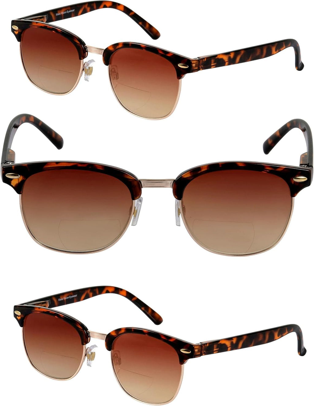 Mass Vision 'The Executive' 3 Pair of Classic Semi-Rimless Lightweight Bifocal Reading Unisex Sunglasses with Spring Hinges