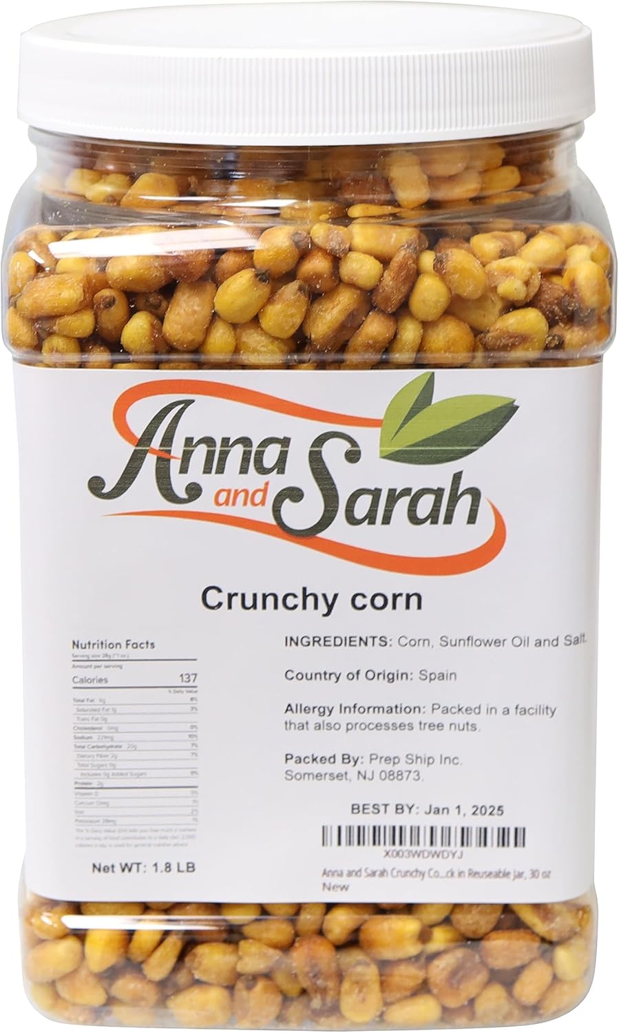 Anna and Sarah Crunchy Corn- Roasted and Salted Corn Nuts-Natural Cravings - Original Toasted Corn Kernels Crunchy Snack in Reuseable Jar, 30 oz