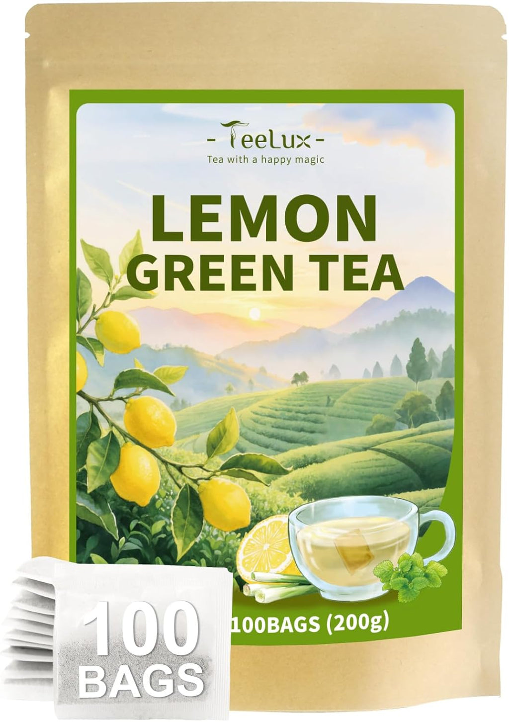 TeeLux Lemon Green Tea Bags, Premium Green Tea with Lemongrass & Lemon Balm, Refreshing & Smooth Flavor, 100 Count