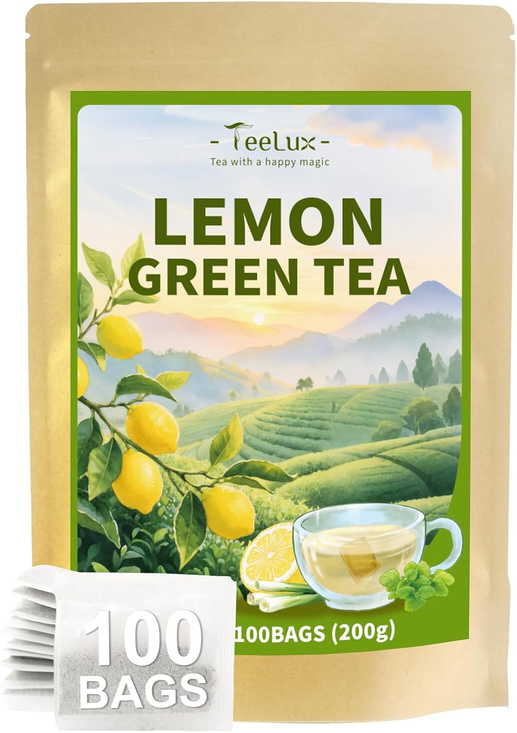 TeeLux Lemon Green Tea Bags, Premium Green Tea with Lemongrass & Lemon Balm, Refreshing & Smooth Flavor, 100 Count