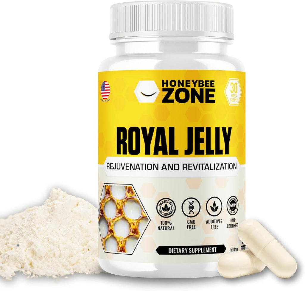 HONEYBEEZONE-Royal Jelly Capsules – 500 mg Energy, Glowing Skin and Brain Booster Supplement | Non-GMO, Gluten-Free, 60 Easy-to-Swallow Veggie Capsules